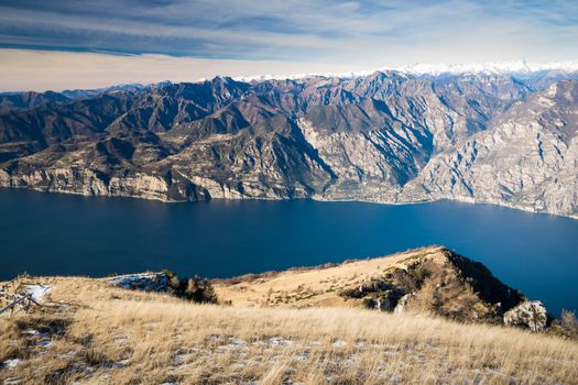 Panorama of Lake Garda (Italy) seen from the top of Mount Baldo.