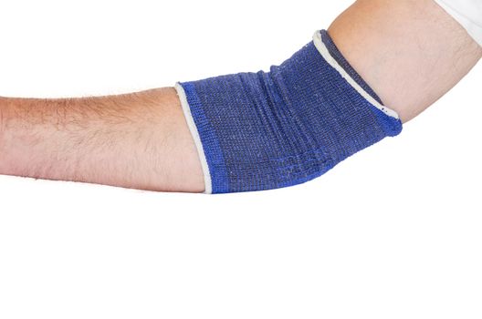 Injured male hand wrapped with bandage, isolated against white background.
