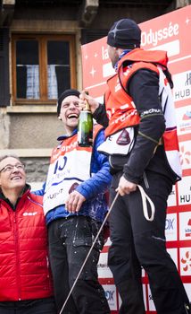 TERMIGNON, VANOISE, FRANCE - JANUARY 20 2016 - The podium Remy COSTE the winner of the GRANDE ODYSSEE the hardest mushers race, the 2nd Jimmy PETTERSSON Vanoise, Alps