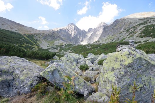 Tatra Mountains with rocks close  in foreground  Lomnicky stit