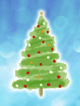 watercolor  Christmas tree on colorful blurry background