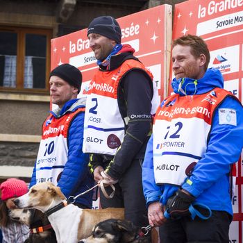 TERMIGNON, VANOISE, FRANCE - JANUARY 20 2016 - The podium Remy COSTE the winner of the GRANDE ODYSSEE the hardest mushers race, the 2nd Jimmy PETTERSSON and 3th named Jean-Philippe PONTHIER, Vanoise, Alps