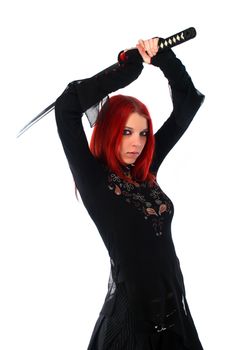 Beautiful red hair girl with katana sword