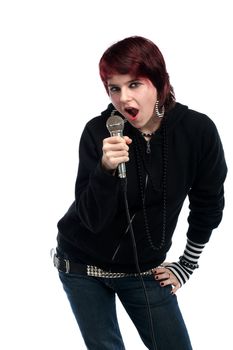 Teen girl singing with a microphone
