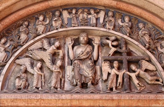 Christ in Majesty. Tympanum of the Baptistery in Parma, Italy