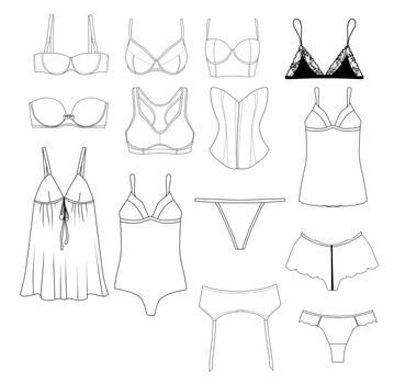 Fashion Illustration - Set of different underwear items - industrial flat fashion sketch