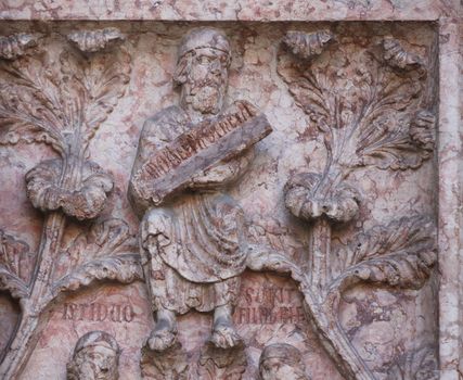 Detail of marble carvings on the Baptistery, Parma Emilia-Romagna Italy