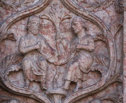 Detail of marble carvings on the Baptistery, Parma Emilia-Romagna Italy