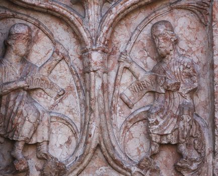 Detail of marble carvings on the Baptistery, Parma Emilia-Romagna Italy