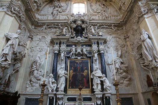 Virgin Mary with child Jesus and Saints, altar in the church of Saint Vitale. Parma. Emilia-Romagna. Italy