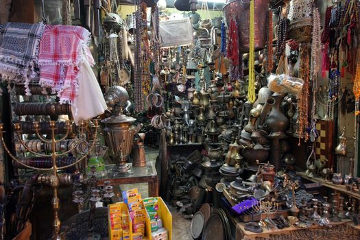 Antiques shop in the souq of the Muslim Quarter in the Old City October 3, 2006 in Jerusalem, IL. Souqs are traditional middle eastern markets selling various foods and commodities.