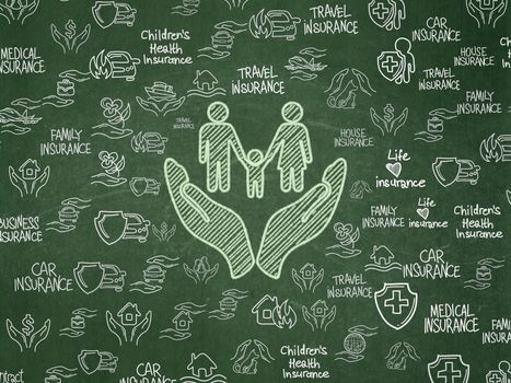 Insurance concept: Chalk Green Family And Palm icon on School Board background with  Hand Drawn Insurance Icons