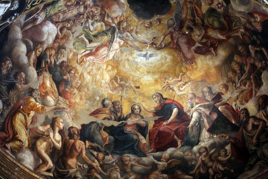 Detail of fresco in the dome above the the altar at the Church of Mary of the Fence. Parma, Italy