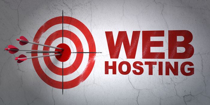 Success web development concept: arrows hitting the center of target, Red Web Hosting on wall background