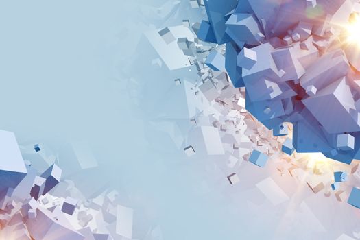 Blue Cubes Explosion Concept Background 3D Illustration.