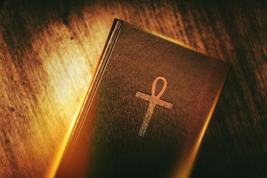 Egyptian Mystery Ankh Book. Old Book with Ankh Sign on the Cover. Handled Cross Sign.