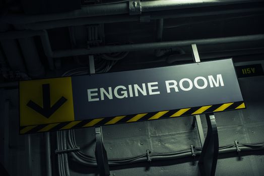 Engine Room Sign Inside Military Warship. Direction Sign.