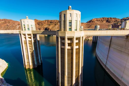 Hoover Dam Intake Towers Closeup. Hoover Dam in Nevada, United States.