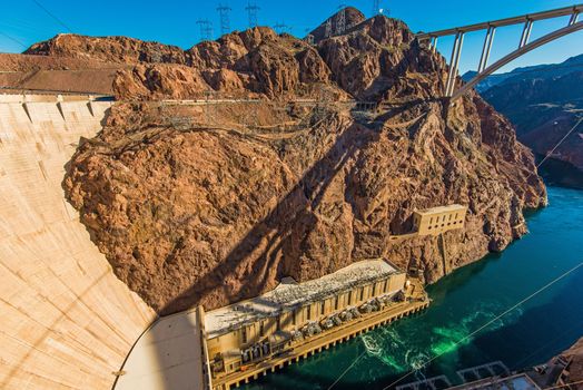 Hoover Dam, Bypass Bridge and Scenic Colorado River Canyon. United States.