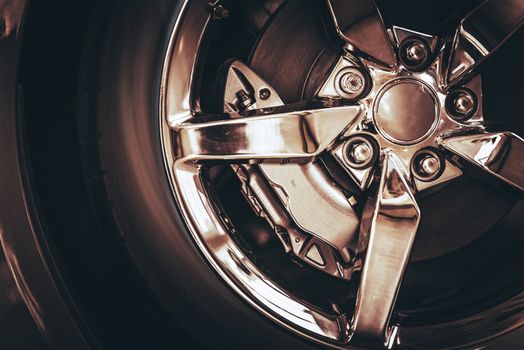 Elegant Chrome Car Alloy Wheel Closeup Photo.