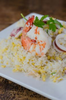 close up Fried rice with shrimp and squid