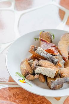 Crispy fish  pieces, close up seafood dish