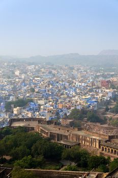 Jodhpur the blue city in Rajasthan state in India. View from the Mehrangarh Fort.