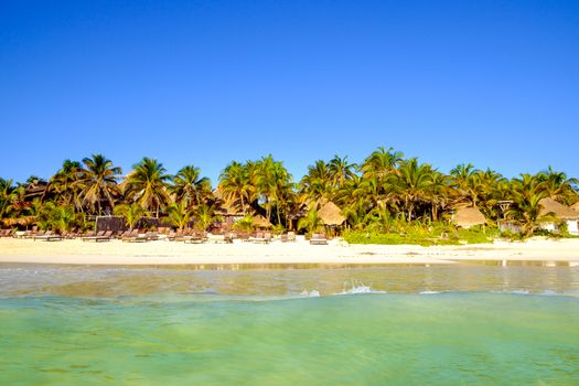 Scenic view of summer beach landscape with palm trees, Tulum, Mexico