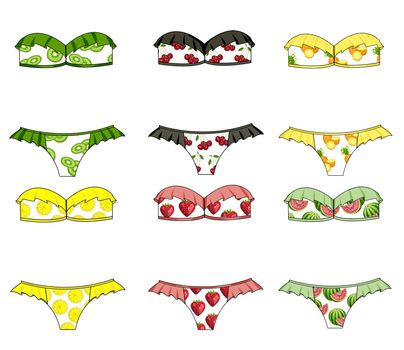 Fashion Illustration - Ruffle bandeau strapless bra bikini in fruit fabric print