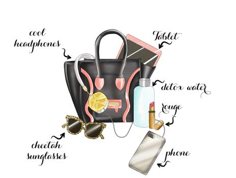 Watercolor Hand drawn fashion Illustration - black fashion bag with various items