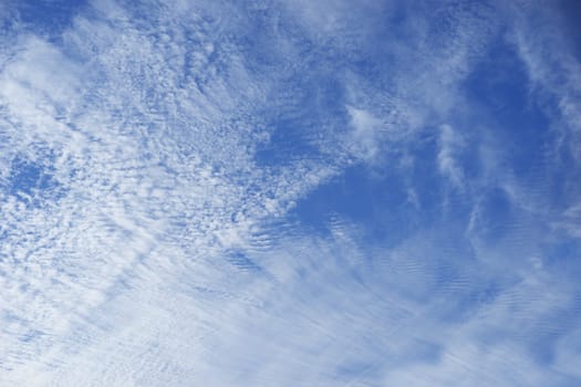 Early morning cloudy blue sky background with mackerel sky and other cloud types 