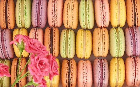 Macarons sweet traditional french colorful. A lot of fresh  pastel delicious dessert in box with bouquet of roses. Retro vintage background.