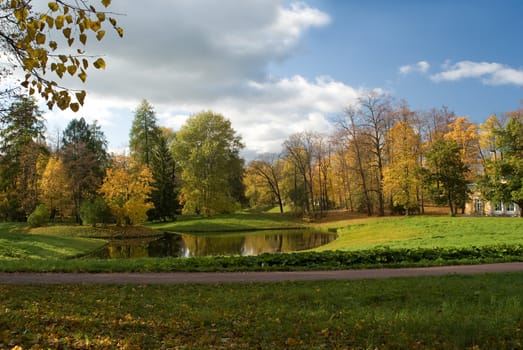 The palace on the shore of the pond in the park of Pushkin near St. Petersburg at autumn