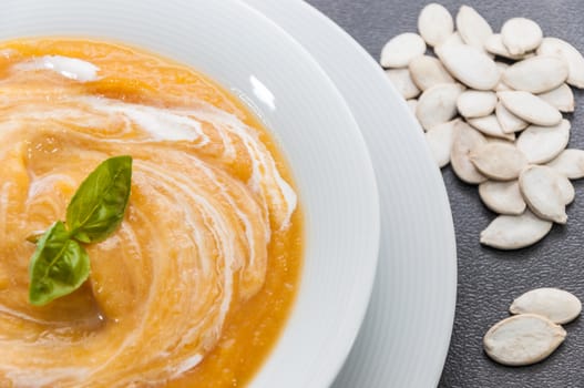 Cream of pumpkin on a plate and several pumpkin seeds