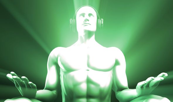 Man Listening to Music Meditating in Earphones 3d