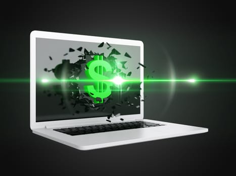 Green dollar sign destroy laptop, technology background