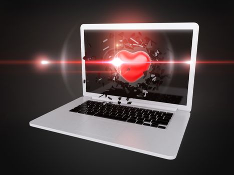 red Heart destroy laptop, technology background, art background