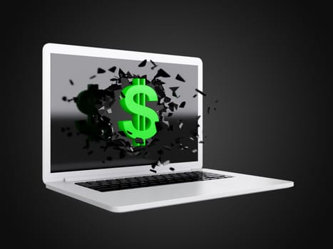 Green dollar sign destroy laptop, technology background