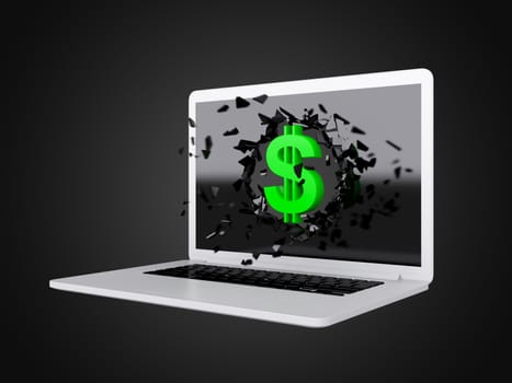 Green dollar sign destroy laptop, technology background