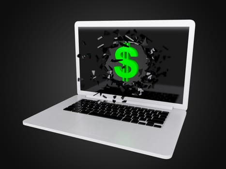 Green dollar sign destroy laptop, technology background