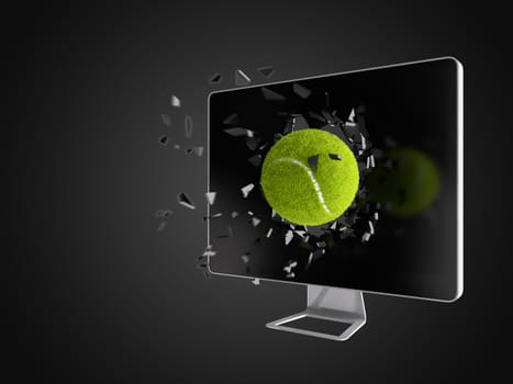 tennis ball destroy computer screen, technology background