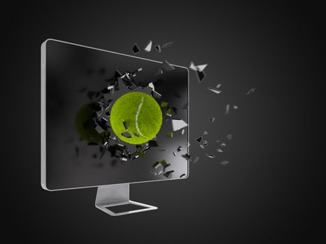 tennis ball destroy computer screen, technology background