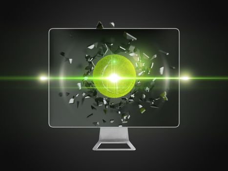 tennis ball destroy computer screen, technology background
