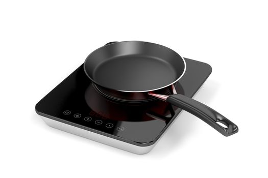Portable induction cooktop and frying pan on white background