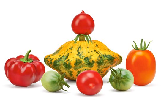 Vegetables, squash pumpkin, red pepper, paprika, red and green tomatoes, organic. Funny Still Life,isolated on white background