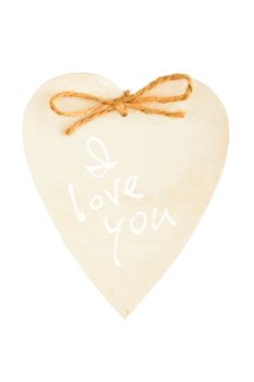 Beige painted romantic wooden handmade souvenir heart with burlap jute rope and copy space isolated on white