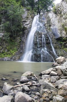 Silky waterfall on a huge rock, Romanian Carpathians.