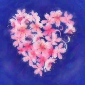 pink flowers heart on dark blue watercolor