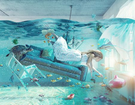 an underwater view in the flooding interior and young woman . 3d concept