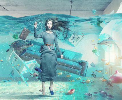 an underwater view in the flooding interior and young woman . 3d concept